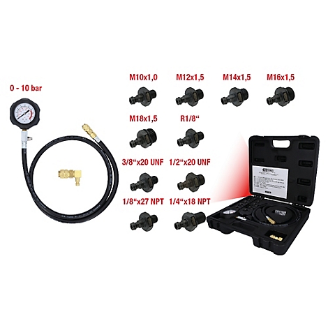 Set mit Manometer und Adaptern in einer schwarzen Box.